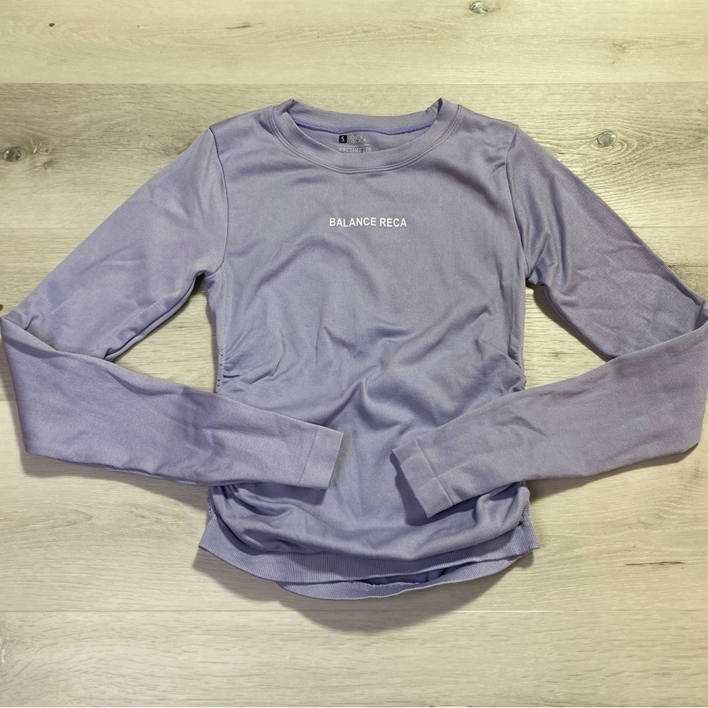 Balance Reca Seamless Long Sleeve Ruched Sides Labender Workout Top, Size Small